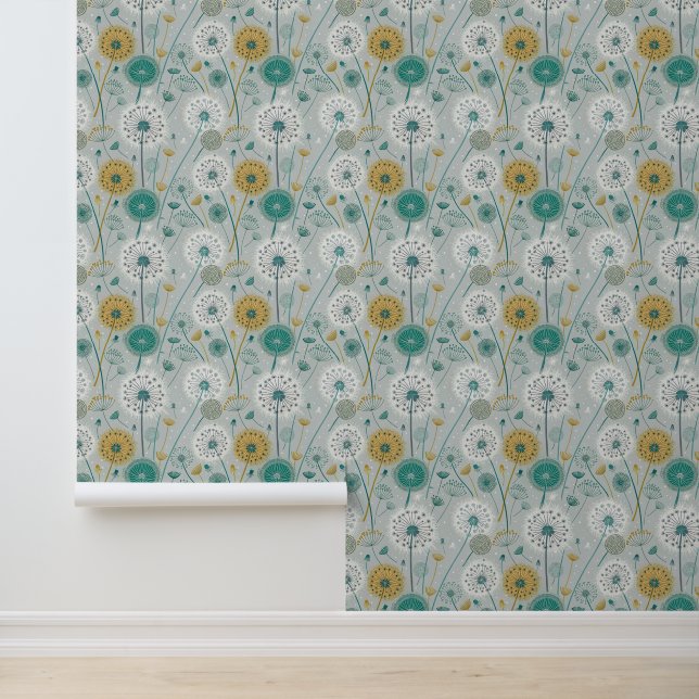Papier Peint Dandelion Whimsical - Jaune, Blanc & Turquoise (Application)