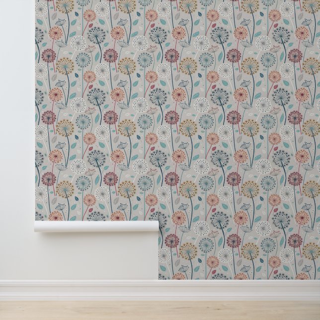 Papier Peint Dandelion Whimsical - Rouge, Jaune, Blanc & Turquo (Application)