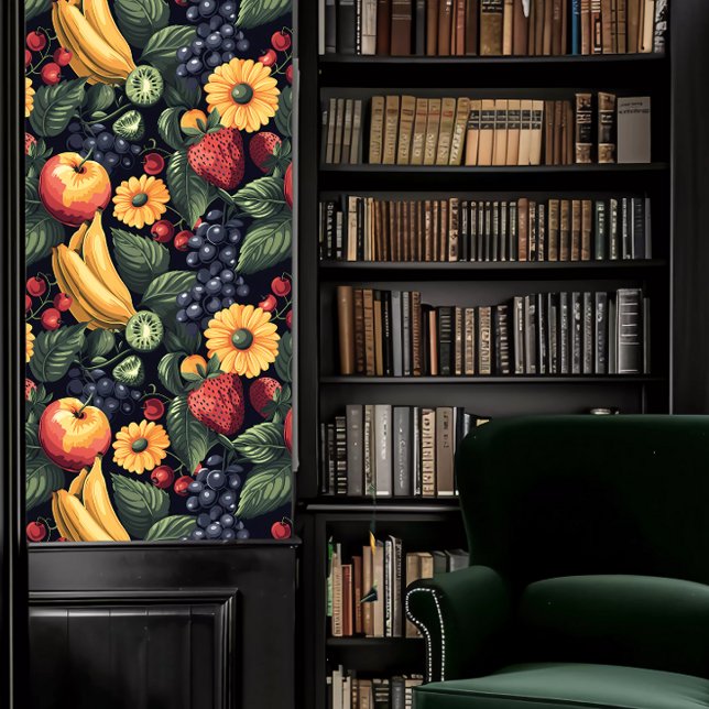 Papier Peint Dark Academia Belle Fruit & Fleurs Fond d'écran (Dark Academia Beautiful Fruit & Flowers Wallpaper Wallpaper in a library.)