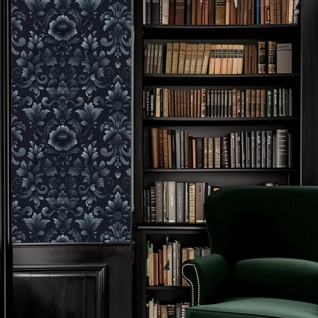 Papier Peint Dark Academia Bleu foncé Fleur décorative (Dark Academia Dark Blue Decorative Fleur Wallpaper in a library.)
