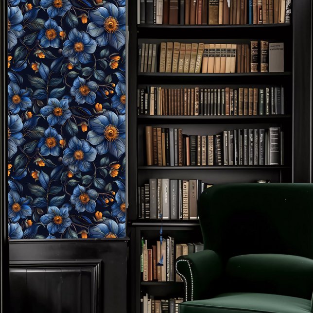 Papier Peint Dark Academia Blue Floral (Dark Academia Blue Floral Wallpaper in a library.)