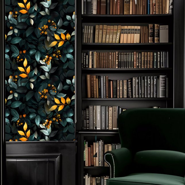 Papier Peint Dark Academia Emerald et Golf Foliing (Dark Academia Emerald and Golf Foliage Wallpaper in a library.)