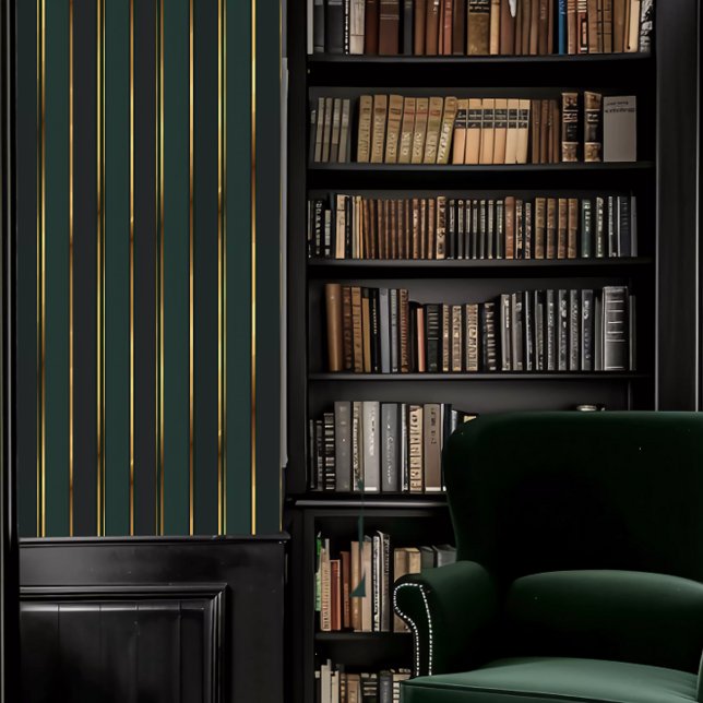 Papier Peint Dark Academia Emerald Green et Gold Stripes (Dark Academia Emerald Green and Gold Stripes Wallpaper in a library.)