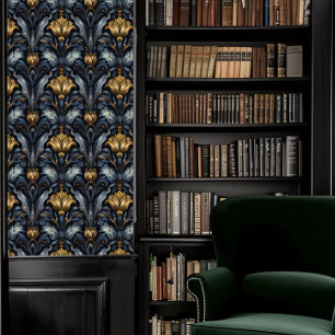 Papier Peint Dark Academia gris-bleu et or Vintage floral