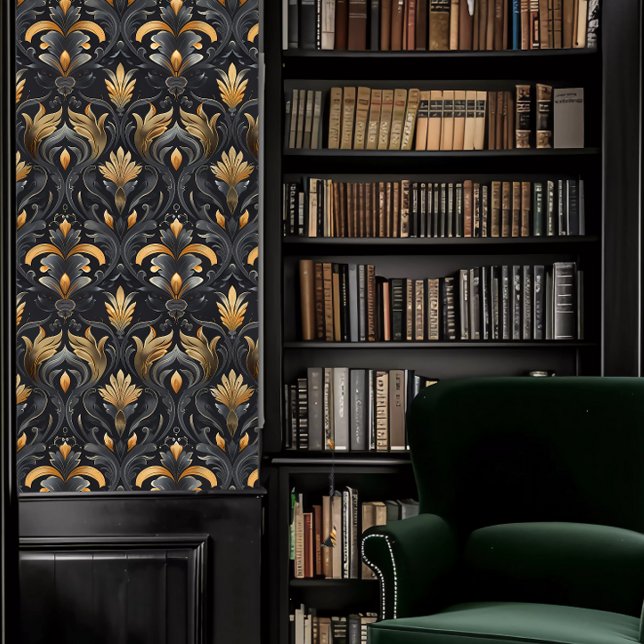 Papier Peint Dark Academia Gris et or Moody (Dark Academia Gray and Gold Moody Decorative Wallpaper in a library.)
