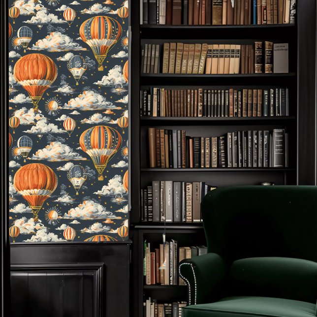 Papier Peint Dark Academia Hot Air Balloons et nuages (Dark Academia Hot Air Balloons and Clouds Wallpaper in a library.)