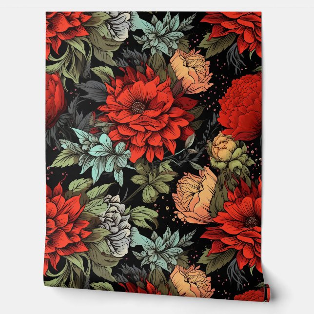 Papier Peint Dark Academia Maximalist Red Dahlia Floral (Déroulement)