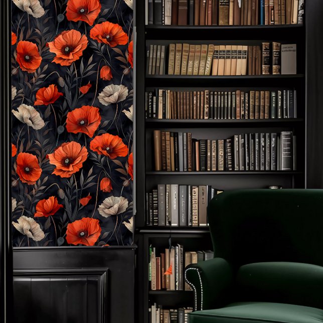 Papier Peint Dark Academia Orange Poppies sur Dark Arrière - pl (Dark Academia Orange Poppies on Dark Background Wallpaper in a library.)