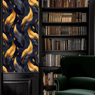 Papier Peint Dark Academia Plumes bleu et or