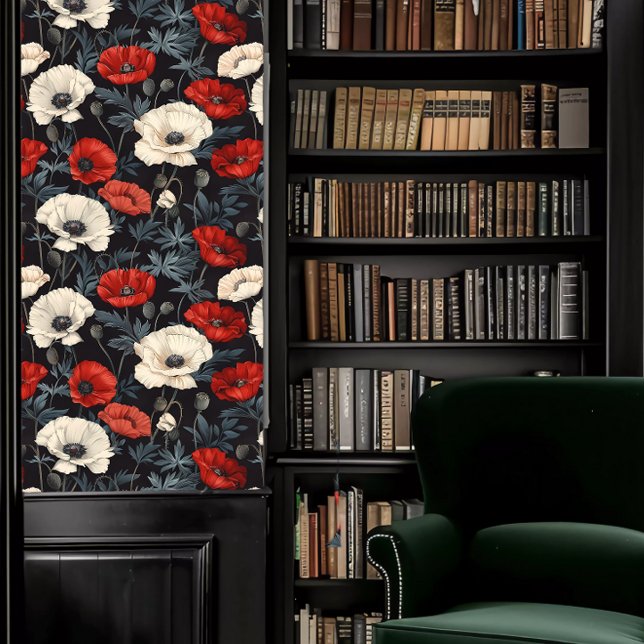 Papier Peint Dark Academia Poppies rouges et blanches (Dark Academia Red and White Poppies Wallpaper in a library.)