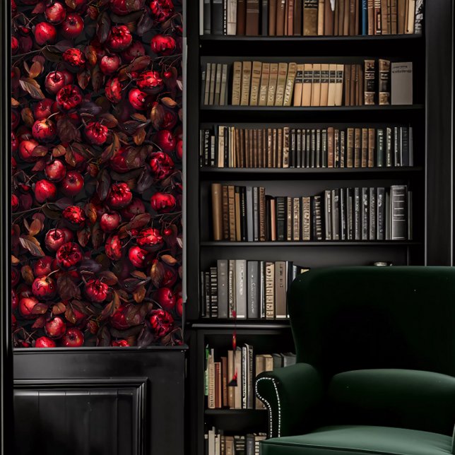 Papier Peint Dark Academia Rota Plums Fruit (Dark Academia Rotting Plums Fruit Wallpaper in a library.)