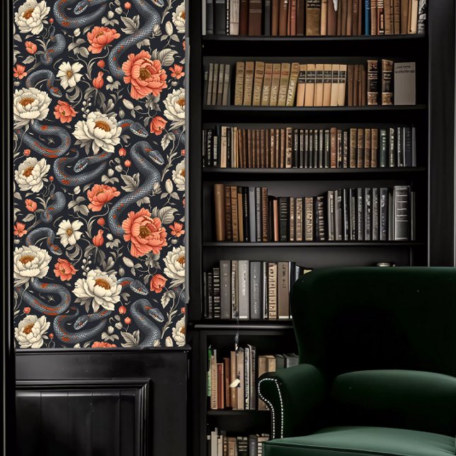 Papier Peint Dark Academia Snakes & Red and White Flowers (Dark Academia Snakes & Red and White Flowers Wallpaper in a library.)