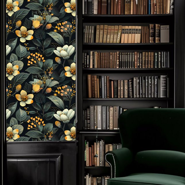 Papier Peint Dark Academia Turquoise et jaune Floral (Dark Academia Teal and Yellow Floral Wallpaper in a library.)