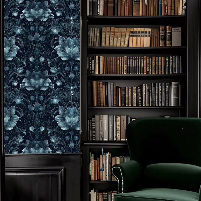 Papier Peint Dark Academia Turquoise Floral décoratif (Dark Academia Teal Decorative Floral Wallpaper in a library.)