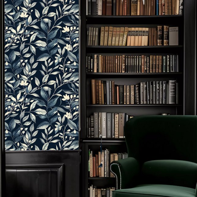 Papier Peint Dark Academia Turquoises et Feuilles blancs (Dark Academia Teal and White Leaves Wallpaper in a library.)