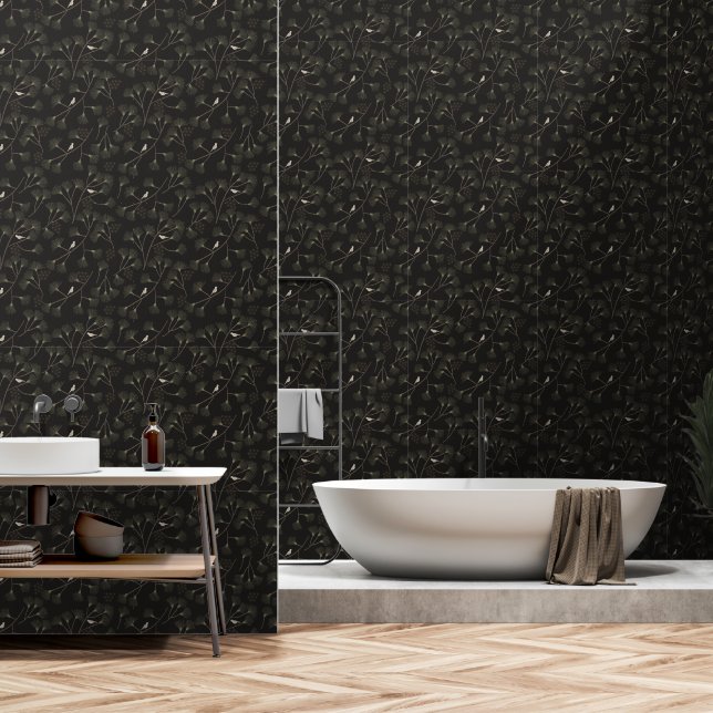 Papier Peint Dark Charcoal Bird & Pine Tree Pattern (Salle de bain)