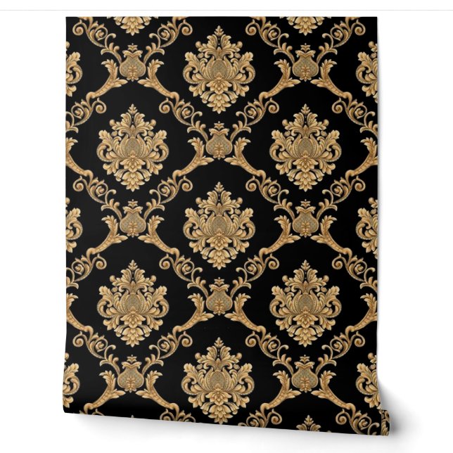 Papier peint de designer damas belge or sur noir  (Déroulement)