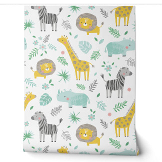 Papier Peint De mignons animaux de la jungle avec feuilles et f