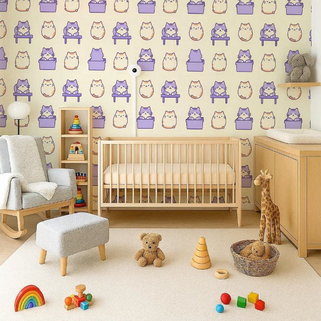Papier peint de nurserie pastel de chat dodu lavan (Kawaii Lavender Chonky Cat Pastel Nursery Wallpaper)