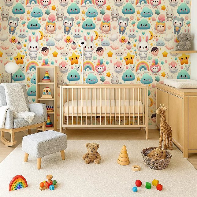 Papier Peint de Nursery Pastel Mignon Lapin Kawaii (Kawaii Bunny Pastel Whimsical Nursery Wallpaper)