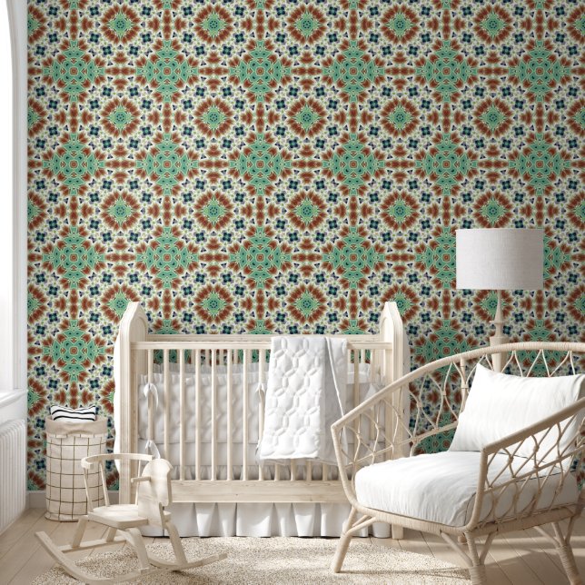 Papier Peint Décor kaléidoscope beige turquoise (Enfants)