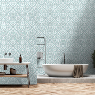 Papier Peint Défiler le motif Damas blanc sur Turquoise clair