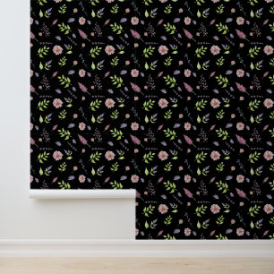 Papier Peint Délicat modèle botanique floral élégant sur noir