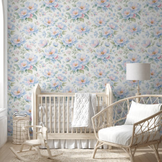 Papier Peint Delicate Pink Blue Floral Watercolor Wallpaper