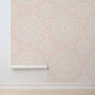 Papier Peint Dentelle blanche de Mandala bohème sur Coral rose