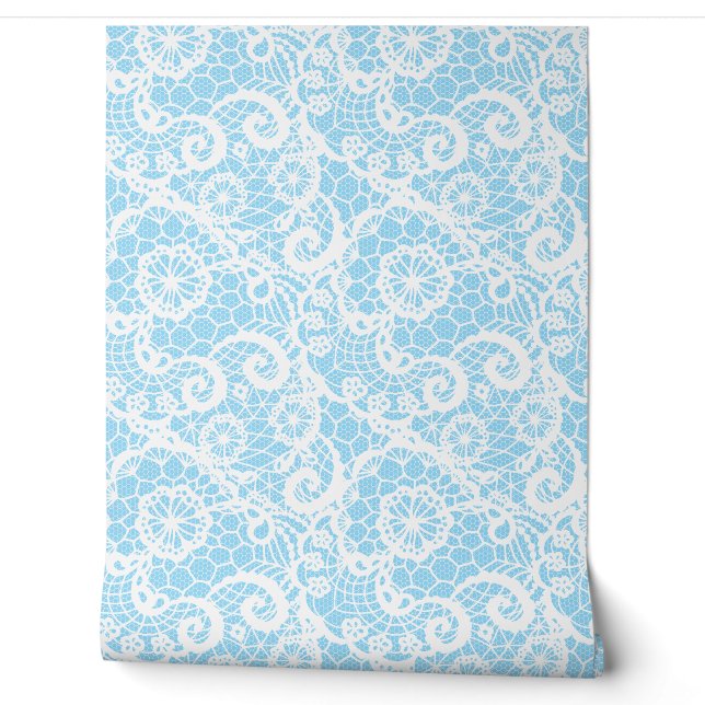 Papier Peint Dentelle blanche sur bleu clair (Déroulement)