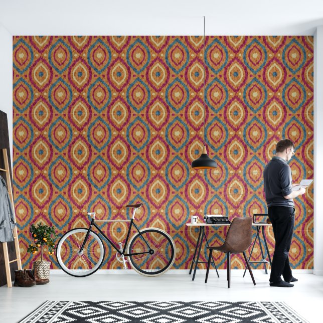 Papier Peint Design abstrait rétro dans le style vert Ikat nava (Salon)