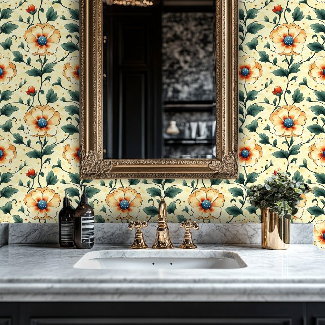 Papier Peint Design botanique orange et vert Peel-and-Stick (Créateur téléchargé)