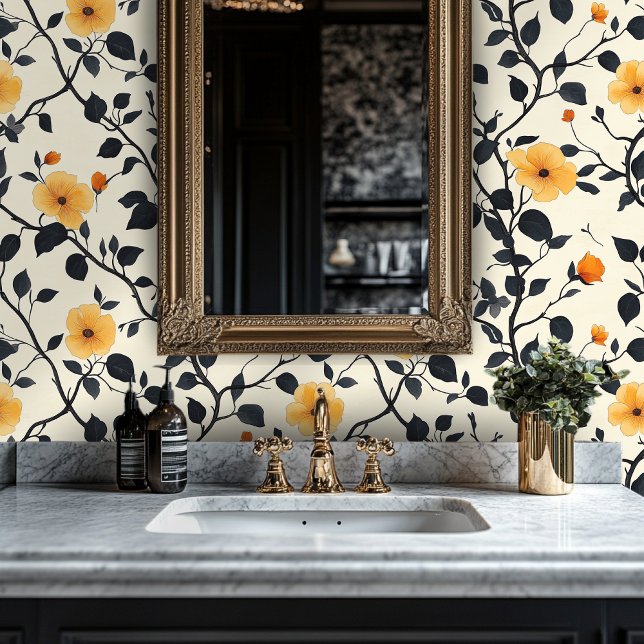 Papier Peint Design floral jaune avec vignes noires (Créateur téléchargé)