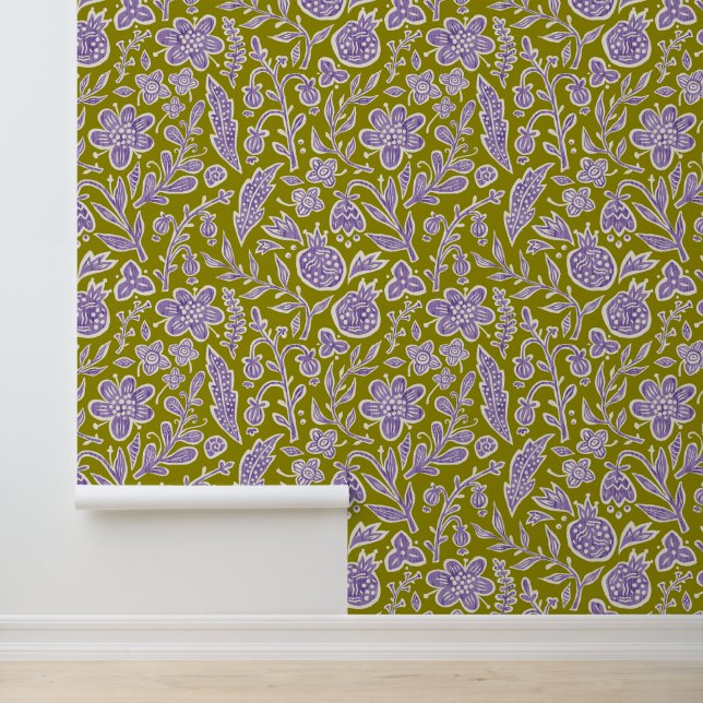 Papier Peint Design floral rétro avec fleurs et fruits. (Application)