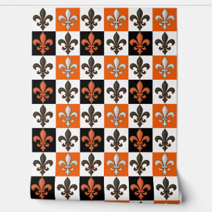 Papier Peint Design Orange Noir Blanc À damiers Fleur de lis