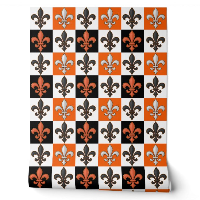 Papier Peint Design Orange Noir Blanc À damiers Fleur de lis (Déroulement)
