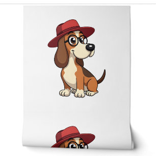 Papier Peint Dessin animé vintage Basset Hound au chapeau rouge
