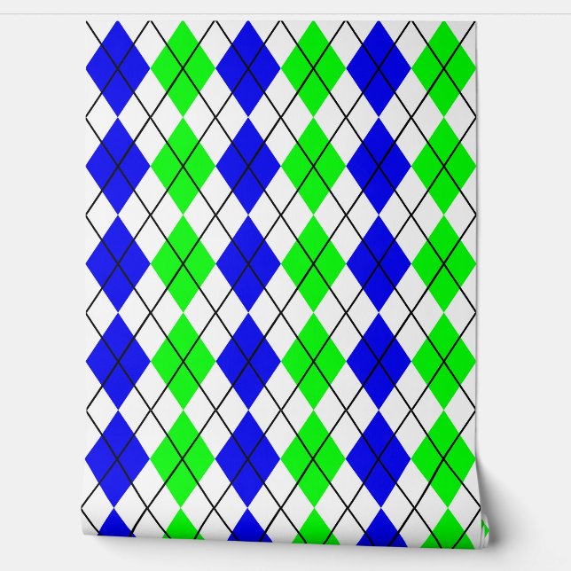 Papier Peint Dessin de diamant en argyle bleu vert blanc (Déroulement)
