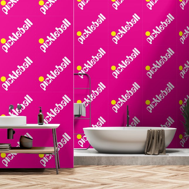Papier Peint Diagonal Blanc Jaune Texte PICKLEBALL Sur Fond Ros (Salle de bain)