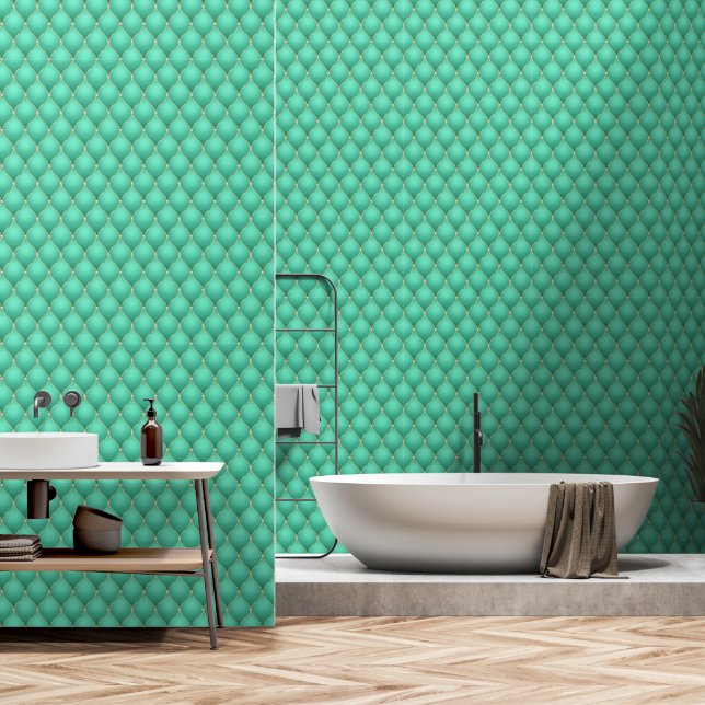 Papier Peint Diamant Or Ogee Tufted Turquoise (Salle de bain)