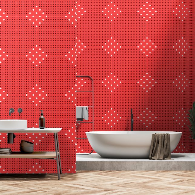 Papier Peint Diamants Blancs Rouge à pois  (Salle de bain)