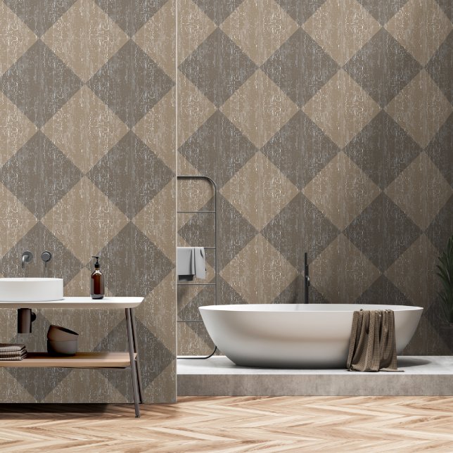 Papier Peint Diamond Check Crackle Texture Beige Et Taupe (Salle de bain)