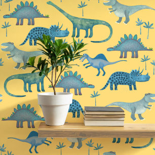 Papier Peint Dinosaur amusant Motif bleu Jaune