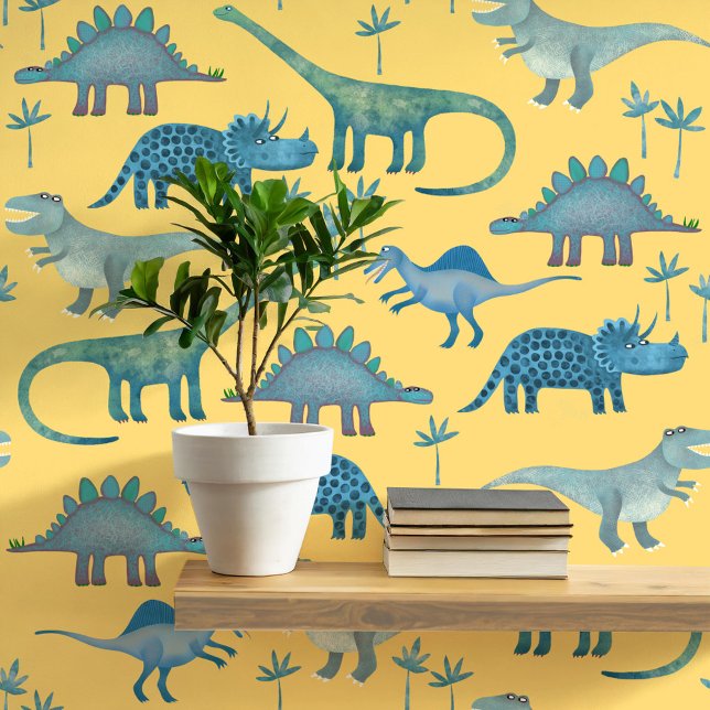 Papier Peint Dinosaur amusant Motif bleu Jaune (Dinosaur Tyrannosaurus Rex Stegosaurus triceratops diplodocus yellow kids peel and stick wallpaper)