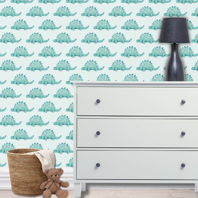 Papier Peint Dinosaur stégosaure enfants (Dinosaur wallpaper with stegosaurus design on mint background for boys bedroom, playroom or nursery.)