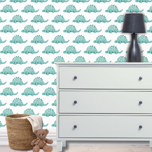 Papier Peint Dinosaur stegosaurus enfants (Dinosaur wallpaper with stegosaurus design on white for boys bedroom, playroom or nursery.)