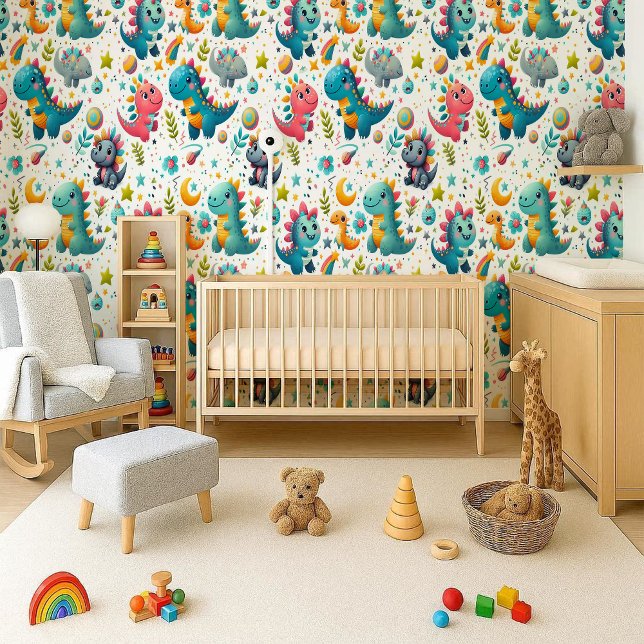 Papier Peint Dinosaure Bébé Mignon Salle de Bébé D (Cute Baby Dinosaur Teal Nursery Dino Wallpaper)