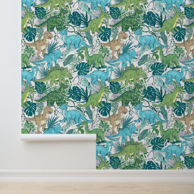 Papier Peint  Dinosaures Bleu Vert Sans Couture  (Application)