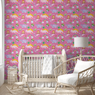Papier Peint Dinosaures colorés Boho mignon Rainbows Pink Nurse