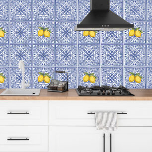 Papier Peint Dolce Vita Méditerranéen Bleu & Citrons Carreaux I
